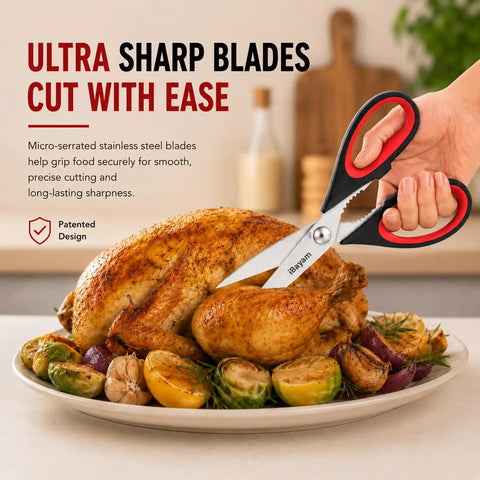 Three Pack 8.7 Inch Kitchen Scissors All Purpose Heavy Duty Shears With Sheath For Food Prep Meat Poultry Fish Veggies Seafood And More Tough As Nails Razor Sharp Multi Use Kitchen Tools For Home Camp And RV cutting roast chicken