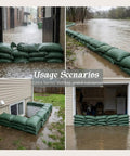 5 Pack Flood Barrier Bags 16x24 Inches for Quick Water Control in use protecting garage and yard with dark green canvas material