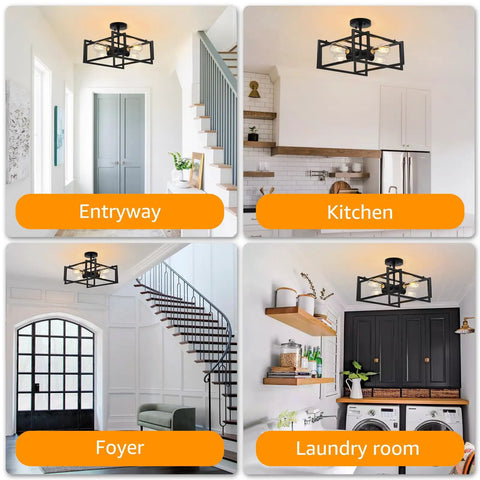 Black Farmhouse Semi Flush Mount Ceiling Light Fixture With Four Lights Rustic Industrial Metal Rectangle in various rooms