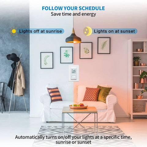 Modern living room with 7 Day Programmable In Wall Timer Switch With Sunrise Sunset Auto On Off For Lights And Fans Custom Schedules