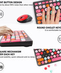 Cool Retro Typewriter Style Keyboard And Mouse Combo With Round Keycaps, 2.4GHz Wireless USB Receiver, Cute Black Colorful Design
