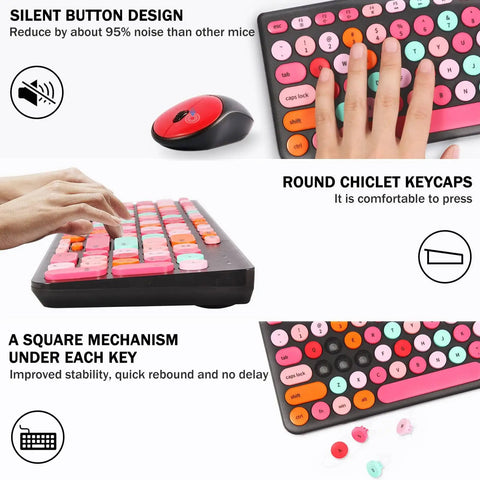 Cool Retro Typewriter Style Keyboard And Mouse Combo With Round Keycaps, 2.4GHz Wireless USB Receiver, Cute Black Colorful Design