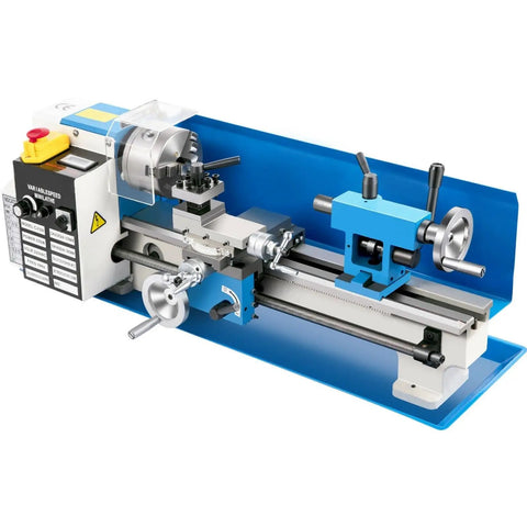14 Inch Mini Metal Lathe With Drilling Machine And Variable Speed Motor, 550W Precision Mill for threading and turning, side view showing controls.