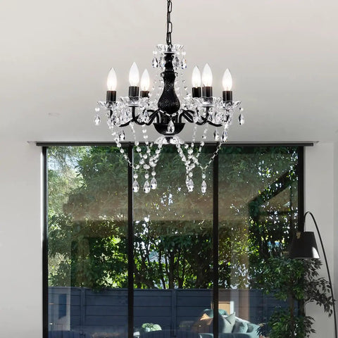 Six Light Black Crystal Chandelier Lighting Fixture For Living Room, Dining Room And Bedroom Modern Vintage Candle Style