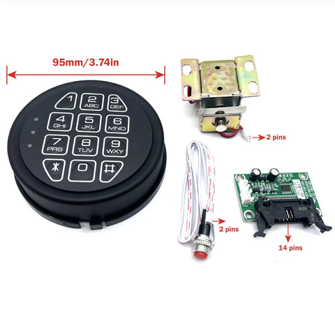 Drop In This Heavy Duty Electronic Gun Safe Replacement Lock With Slick Black Matte Zinc Shell Anti Shake Mechanism One To Eight Digit Programmable Codes Dual Access Groups Triple LED Status Lights Built Tough For Easy Setup showing keypad, lock, wires, and circuit board.