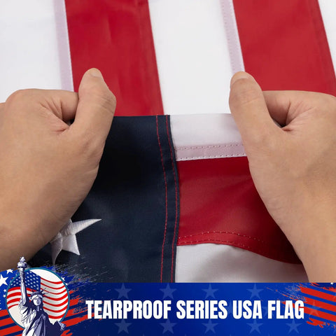 Hands holding US Flag 3x5 Outdoor Heavy Duty Nylon With Fade Resistant Embroidered Stars And Sewn Stripes Brass Grommets Built To Last