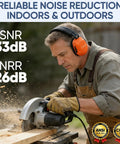Man using circular saw wearing Bright Orange Adjustable Safety Earmuffs For Adults With Real Talk Comfort And Hearing Protection Noise Reduction NRR 26dB For Construction Work And Loud Environments Durable Over Ear Muffs For Shooters And Builders