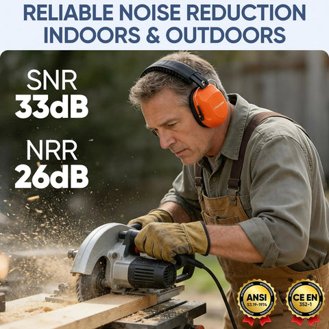 Man using circular saw wearing Bright Orange Adjustable Safety Earmuffs For Adults With Real Talk Comfort And Hearing Protection Noise Reduction NRR 26dB For Construction Work And Loud Environments Durable Over Ear Muffs For Shooters And Builders