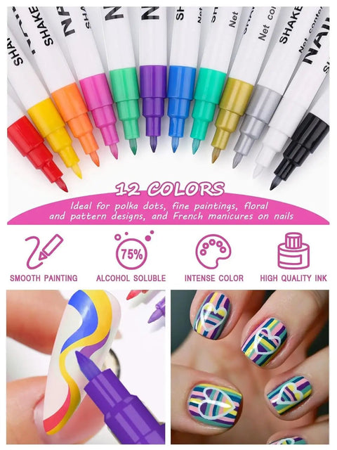 12 Color 3D Nail Art Pen Set for DIY Mani, vibrant ink pens for detailed nail designs with accents, lines, dots, and glitter.