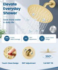 Heavy Duty Brushed Gold Shower Faucet Set Featuring Eight Inch Overhead Rainfall Head with 360 Degree Adjustment and Touch-Clean Design.