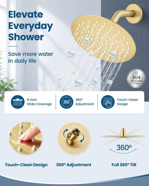 Heavy Duty Brushed Gold Shower Faucet Set Featuring Eight Inch Overhead Rainfall Head with 360 Degree Adjustment and Touch-Clean Design.