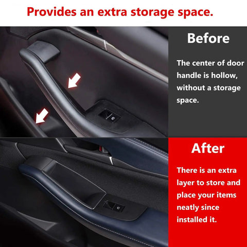 Before and after installation of Door Handle Organizer Tray For Mazda 3 2019 To 2025 And CX 30 2020 To 2025 showing added storage space.