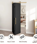 Ridiculously Tough 36 By 84 Inch Vinyl Wrapped Bifold Barn Door For Closet Pantry Laundry Room showing smooth sliding mechanism and black finish.