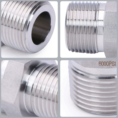 304 stainless steel hex nipple with 3/8 in NPT male threads; high-pressure pipe adapter, 1 pc.