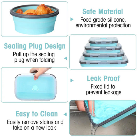 16 Pack Collapsible Food Storage Containers With Lids Foldable 8 Rectangular Bowls And 8 Round Silicone Bowls feature details