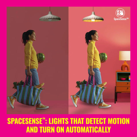 100W Equivalent A19 LED Smart Light Bulb Tunable White With Wi Fi Connectivity E26 Base Control By Voice Or App And Motion Activated SpaceSense For Matter Compatible Smart Home, motion-detecting light demo