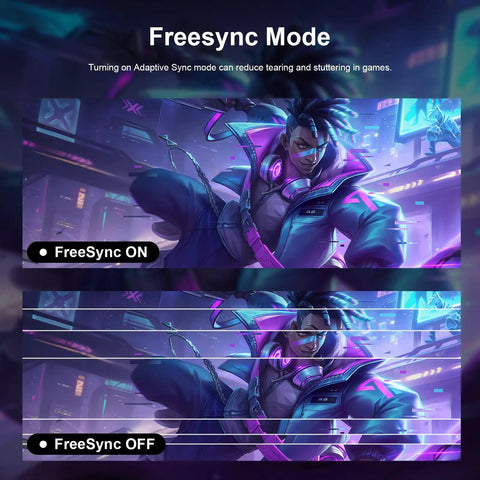27 Inch Gaming Monitor With 100Hz Refresh Rate Full HD 1920x1080 Built In Speakers HDMI Eye Care Frameless Design showing FreeSync mode comparison
