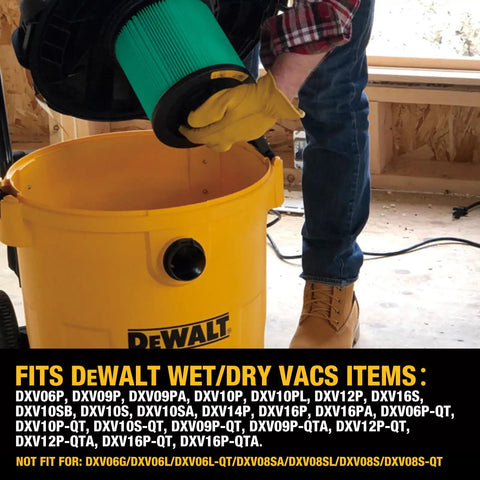 Person installing a HEPA cartridge in a yellow DeWalt wet/dry vacuum, showcasing Shop Vac HEPA Replacement Cartridge And Bag Kit For Vacuum