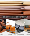 Stack of various colored leather material for car seats, handbags, motorcycle seats, and couches with text: Home Leather Repair Expert.