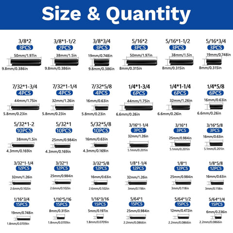 Assorted sizes of SAE Roll Pin Assortment Set, 248 Piece Set with ten sizes from one sixteenth to three eighths inch, in labeled chart