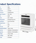 Heavy Duty Countertop Dishwasher With No Plumbing Required Setup And Four Auto Wash Programs Built Like A Tank For Small Spaces Or Dorm Life Durable Black Finish Keeps Up With Your Daily Cleaning Hustle Rinse Faster Save Space specifications chart on white background.