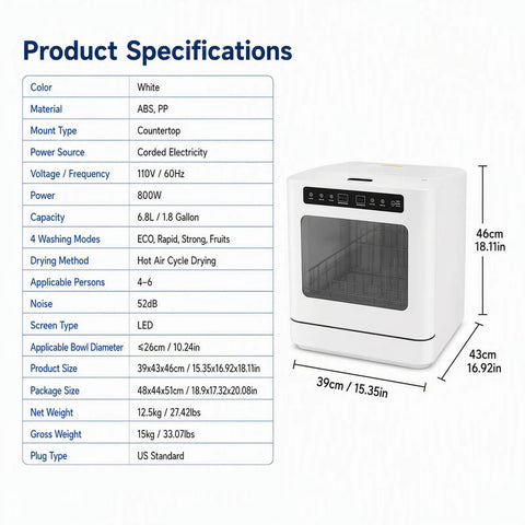 Heavy Duty Countertop Dishwasher With No Plumbing Required Setup And Four Auto Wash Programs Built Like A Tank For Small Spaces Or Dorm Life Durable Black Finish Keeps Up With Your Daily Cleaning Hustle Rinse Faster Save Space specifications chart on white background.