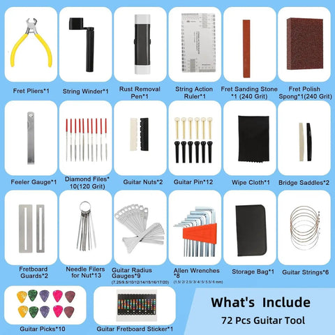 All In One 72 Pcs Guitar Tool Kit With Carry Bag including various tools and accessories for repair and maintenance, organized display