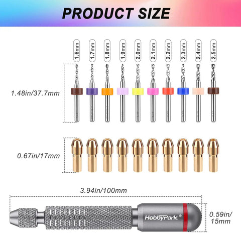 Sweet Mini Pin Vise Kit With 10 Precision Drill Bits Plus 10 Micro Chuck Collets To Totally Nail RC Repairs Wood Crafts Jewelry Making And Resin Carving Jobs Pretty Darn Slick showing sizes of drill bits and collets.