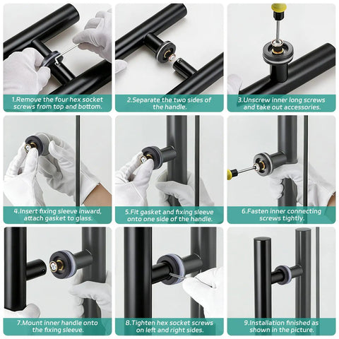 Matte Black Door Pull Handle Set For Glass And Wood Doors, 18 Inch, Double-Sided H-Type Grip With Smooth Round Tubes, Easy Push Or Pull, Perfect For Sliding Barn Doors, Shower Doors, Pantry Doors, Closets And Office Doors. Installation steps for matte black 18-inch double-sided handle on glass door