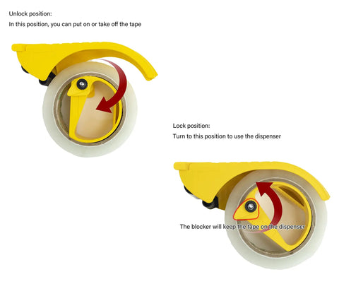 Heavy Duty Ergonomic Packing Tape Gun Dispenser Adjustable 2 Inch Box Sealer showing unlock and lock positions with yellow handle.