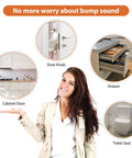 Woman in front of cabinet door, door knob, drawer, and toilet seat with text 'No more worry about bump sound'