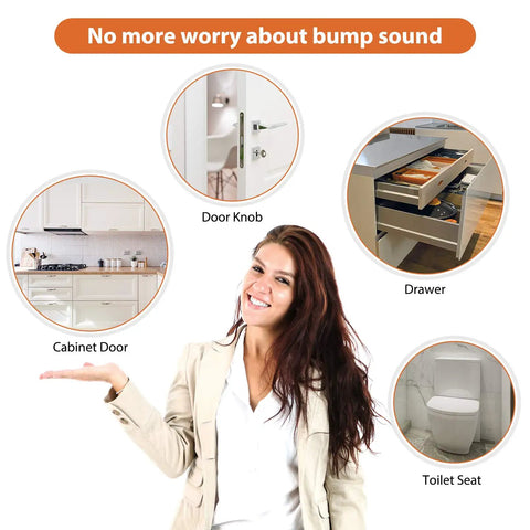 Woman in front of cabinet door, door knob, drawer, and toilet seat with text 'No more worry about bump sound'