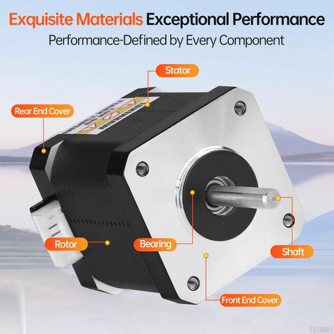 Front view of YEJMKJ NEMA 17 stepper motor with silver front plate, black housing, and protruding shaft.
