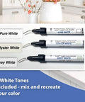 Three White Tone Color Set Included Countertop Chip Repair Kit For Quartz Granite Marble Cultured Marble Silestone Corian Porcelain And Acrylic Chips Edge Repairs Quickly With Easy Color Matching In Minutes with three pens labeled Pure White, Oyster White, and Grey White on a kitchen countertop background.