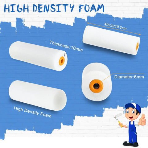Illustration of 120 Count 4 Inch Foam Paint Roller Refills for Walls and Edges showing dimensions and high density foam texture.
