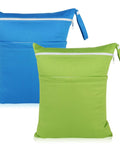 Blue and green Cloth Diaper Wet And Dry Bags 2 Pack with dual zippered pockets, waterproof, reusable travel organizer.