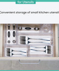 Six Piece Clear Acrylic Drawer Organizer Set For Makeup Cosmetics Jewelry Utensils Gadgets And Office Essentials Versatile Storage Trays With Customizable Layout To Fit Any Drawer Keep Stuff Neat And Accessible containing forks and measuring spoons in a drawer