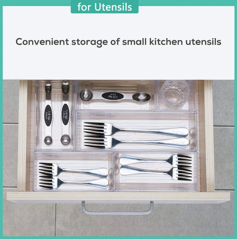 Six Piece Clear Acrylic Drawer Organizer Set For Makeup Cosmetics Jewelry Utensils Gadgets And Office Essentials Versatile Storage Trays With Customizable Layout To Fit Any Drawer Keep Stuff Neat And Accessible containing forks and measuring spoons in a drawer