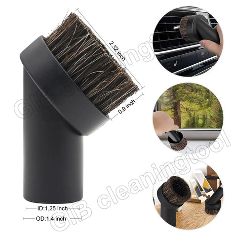 Versatile Vacuum Attachments Kit With Floor Brush And Two Horse Hair Heads Universal Hose Adapter For Shop Vac Accessories Fits 1in 1-1/4in 1-3/8in 1-1/2in 1-7/8in Hoses A No-Brainer Upgrade For Pet Hair Dust Car And Workshop Cleanup, shown with measurements and usage examples.
