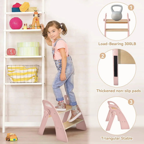 Sturdy Wooden Two Step Stool For Kids Featuring Quick Fold Design And Rock Solid Base Perfect For Potty Training bathroom and closet access.
