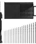 Hardcore Micro Drill Bit Set With Slick Black Pin Vise Hand Drill and twenty metric sizes arranged in storage case.