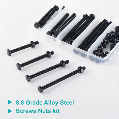 M6 Hex Head Bolts And Nuts Assortment Kit, Pro Grade 8.8 Alloy Steel Screws With Tough Black Oxide Coat, showing bolts in assorted lengths.
