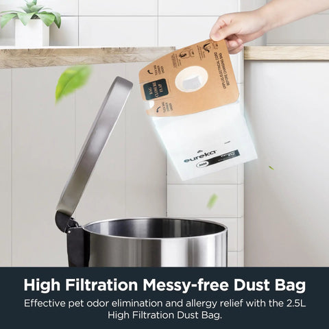Lightweight Canister Vacuum Cleaner With Hella Powerful 1200 Watt Suction For Carpets Hard Floors And Stairs Comes With Five Dust Bags For Zero Sweat Whole House Cleanup Moves Smooth Yellow dust bag being disposed in a metallic trash can.