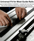 Hands installing 118 Inch Splinter Guard Replacement Strip for Track Saw Rails compatible with Makita Festool DeWalt Milwaukee.