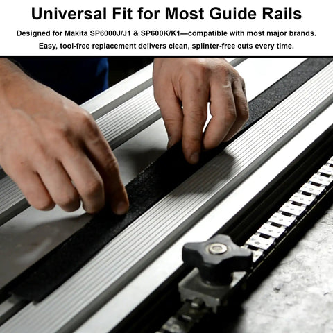 Hands installing 118 Inch Splinter Guard Replacement Strip for Track Saw Rails compatible with Makita Festool DeWalt Milwaukee.