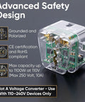 Must Have UK To US Travel Adapter 2 Pack For North America With Dual Inputs showing safety features and specifications.