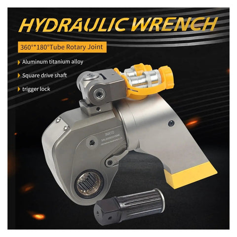 Heavy Duty Hydraulic Torque Wrench With Square Drive Made From Strong Aircraft Alloy Offering Dual Rotation Swivel Manifold And Speedy Quick Couplings For Gearheads And Shop Crews Wanting Serious Cranking Force Without Any Stress Or Hassle, featuring a tube rotary joint and trigger lock.