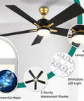 52 Inch Modern Black Gold Ceiling Fan With Led Light Remote And Smart App Control Smooth As Butter Quiet Motor Six Speeds Dimmable 3 Color Temperatures For A Chill Indoor Outdoor Vibe with acrylic lampshade and sturdy blades.
