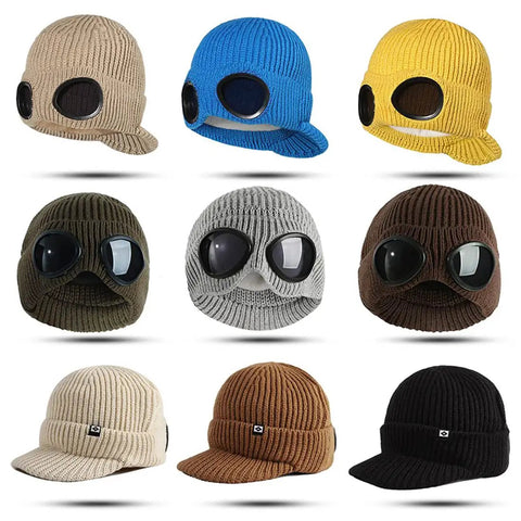 Unisex Peak Ski Beanie With Thick Fleece Lining in various colors, knit winter hats with goggles, one size fits most, nine options