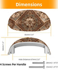 Vintage Shell Shaped Drawer Pulls Set 4 Pack 3.4 Inch Cup Pulls shown with rustic ethnic pattern and installation dimensions